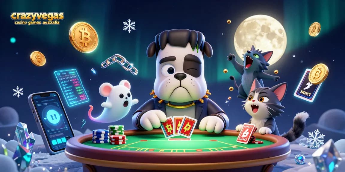 Join the fun with crazyvegas casino games Australia as a Frankenstein bulldog deals cards amid a spooky scene.