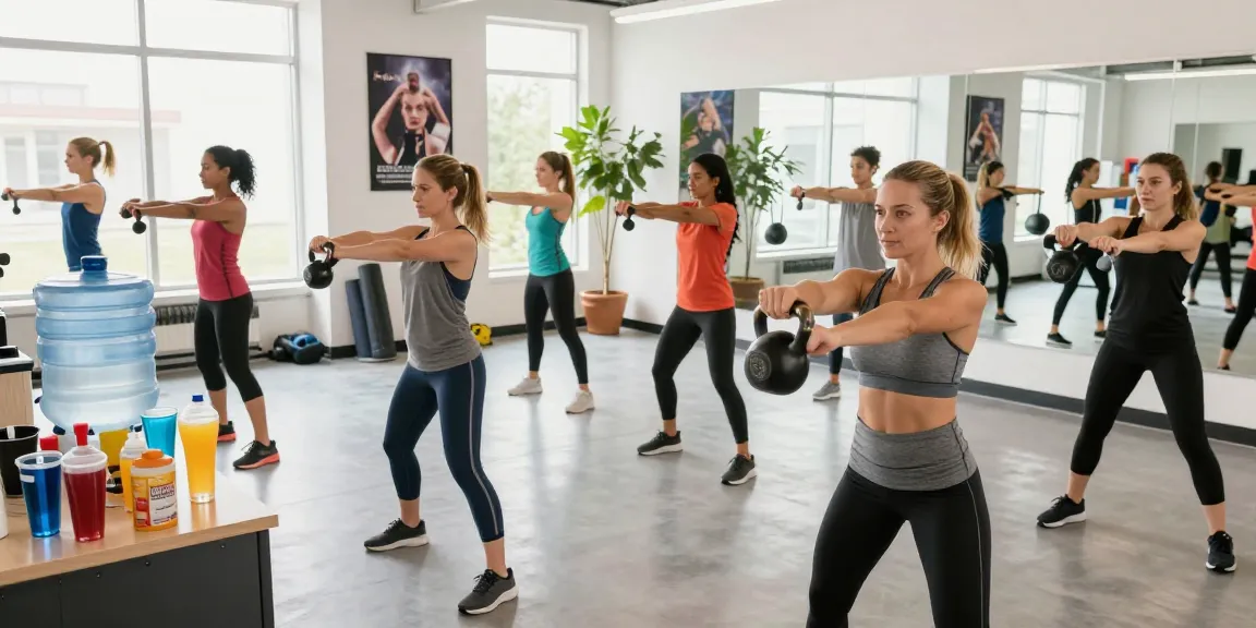 A woman performing a kettlebell swing, embodying vitality with amino acids fueling her workout in a vibrant fitness studio.