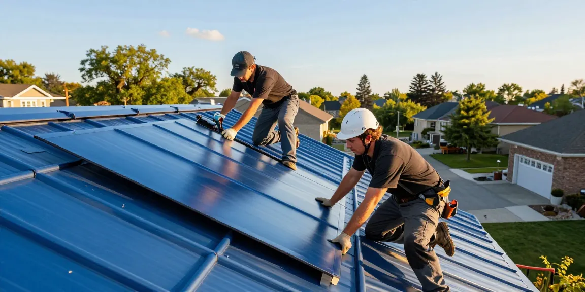 Expert roofer installing durable metal roofing by mroof on a suburban home.