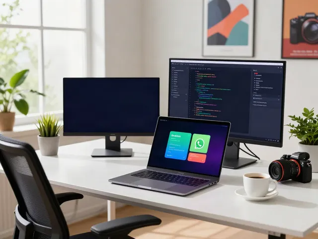 whatsapp mod apk download on a developer's laptop in a bright workspace