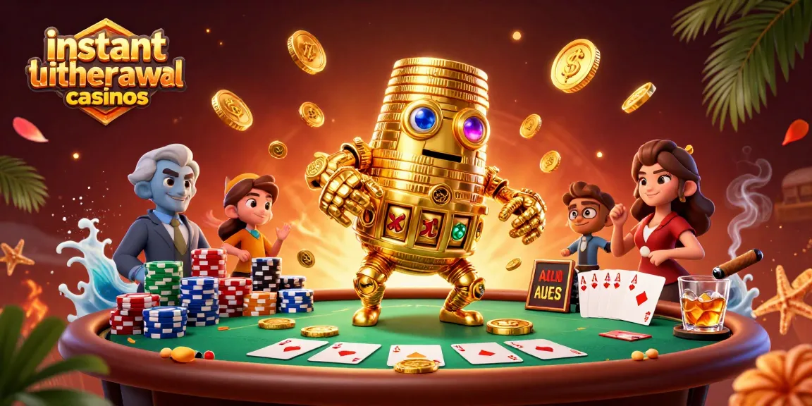 Experience instant withdrawal casinos with a vibrant illustration of a golden golem and poker elements.