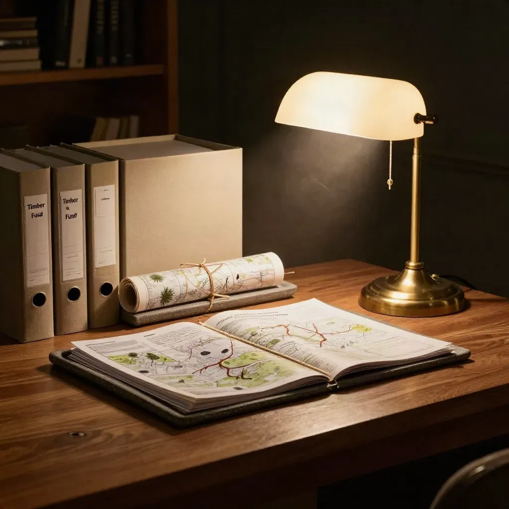 Closed binders and rolled maps under a brass lamp on a quiet timber investor desk at dusk.