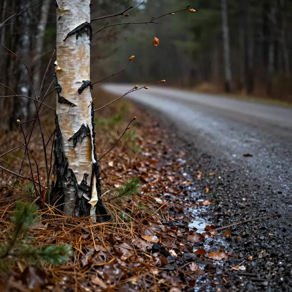 Wet birch bark, maple buds and pine needles at a thawing Ontario lane edge.