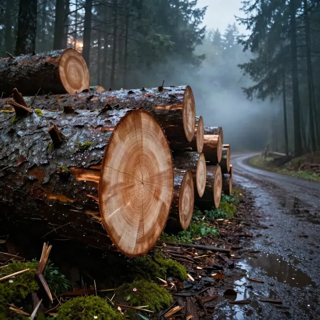 Cedar log cross-section on a wet forest road at dawn, mist drifting behind stacked trunks.