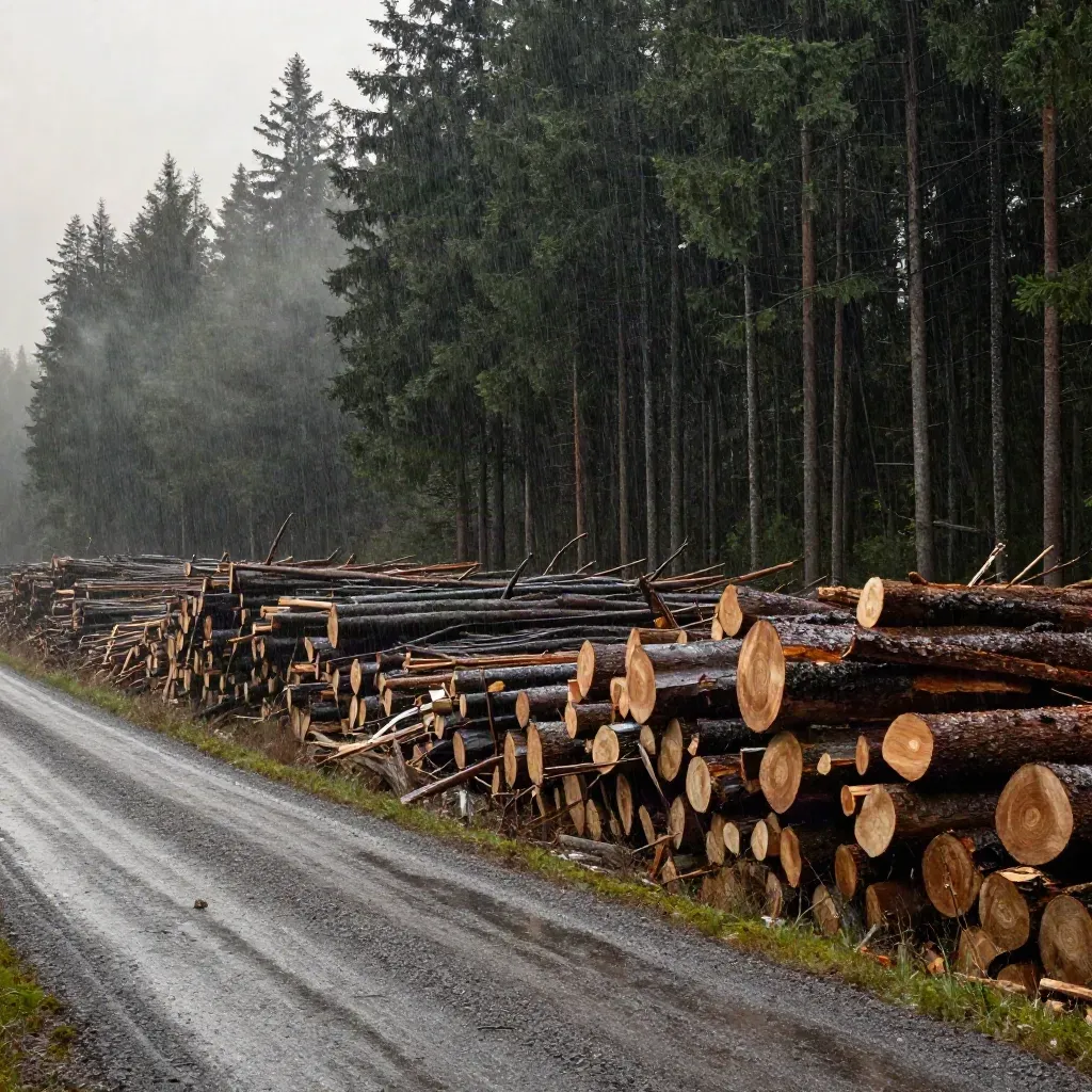 Rain-soaked timber holding with cut blocks, conifers and a gravel road under moody light.