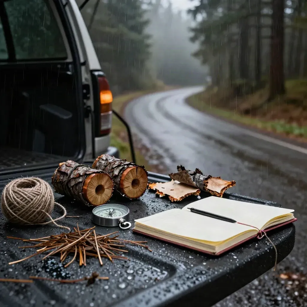 Rainy forest asset management tools and samples on a truck tailgate beside a wooded road.