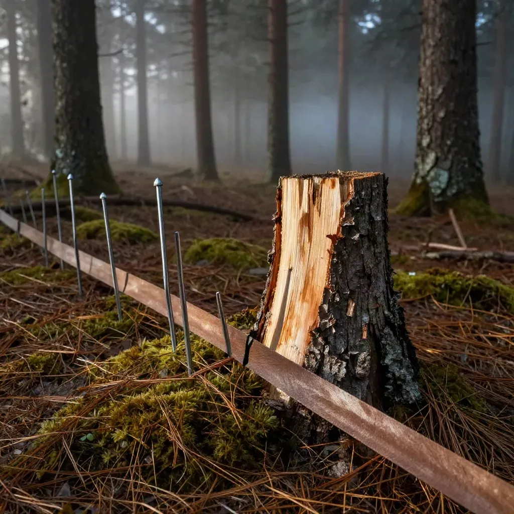 Boundary stakes and a cedar stump mark a timber block edge in foggy morning light.