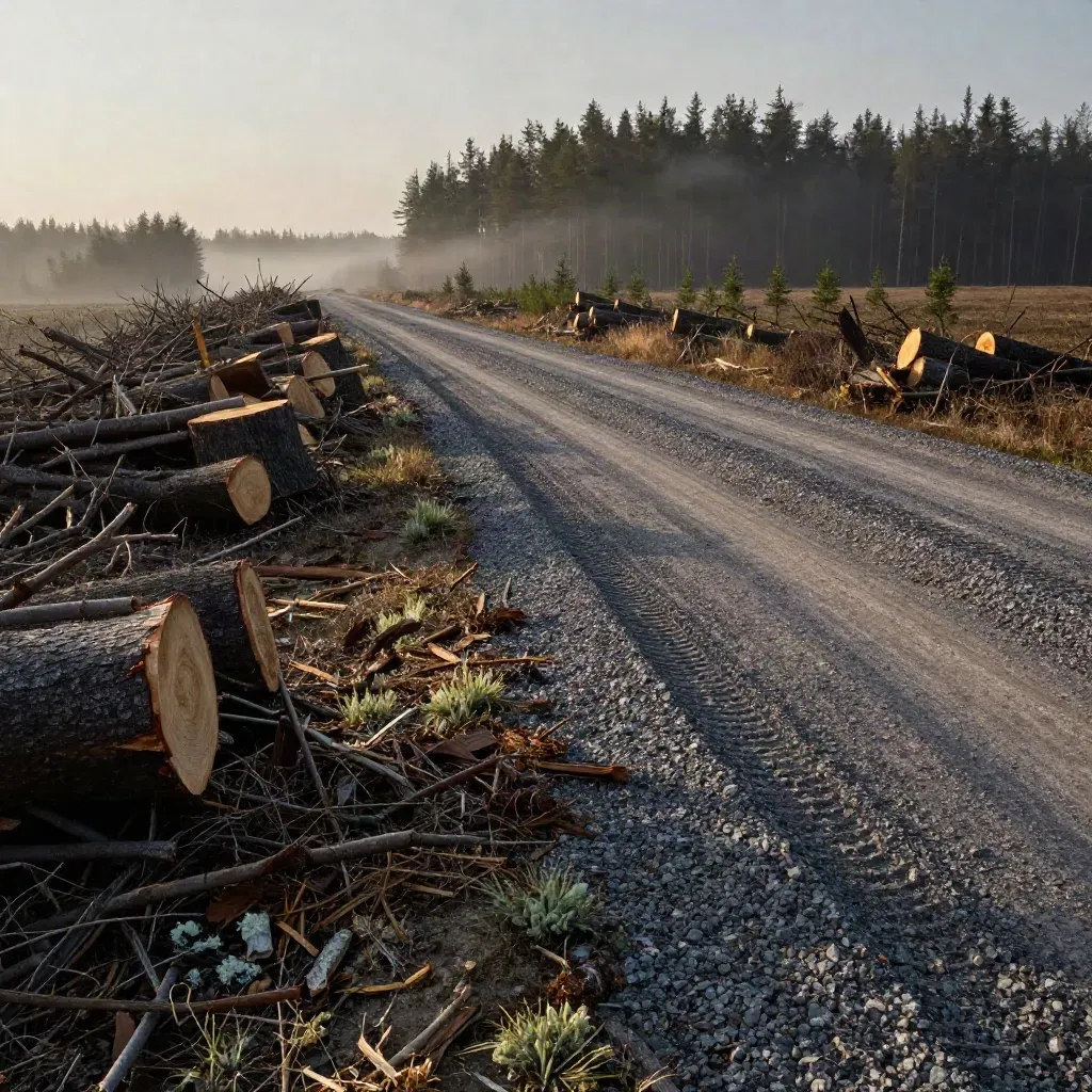 Mist over a cut-block edge with slash piles, graded road, and regrowth bands.