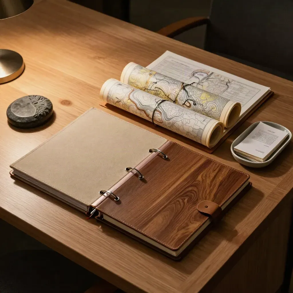 Timber investment report pack with binders, rolled maps, tray, and stone paperweight on a pale desk.