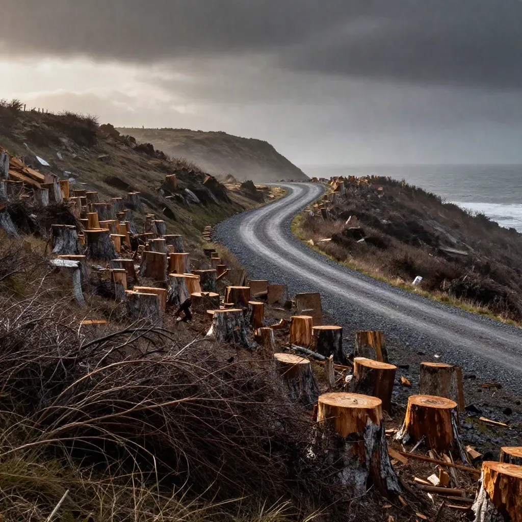 Rain-dark coastal timber block with stump rows, gravel spur road, and sea mist after a storm