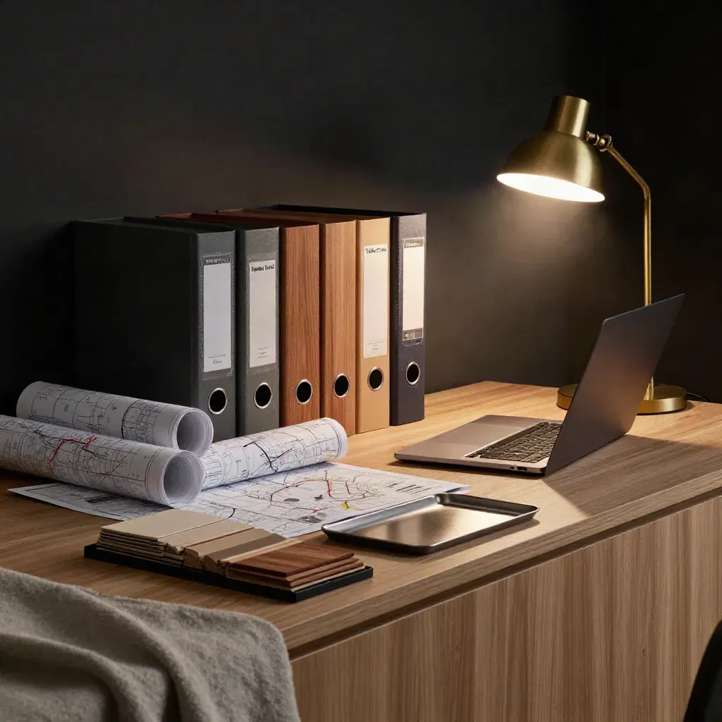 Cabin office corner with binders, rolled maps, closed laptop, and brass lamp glow