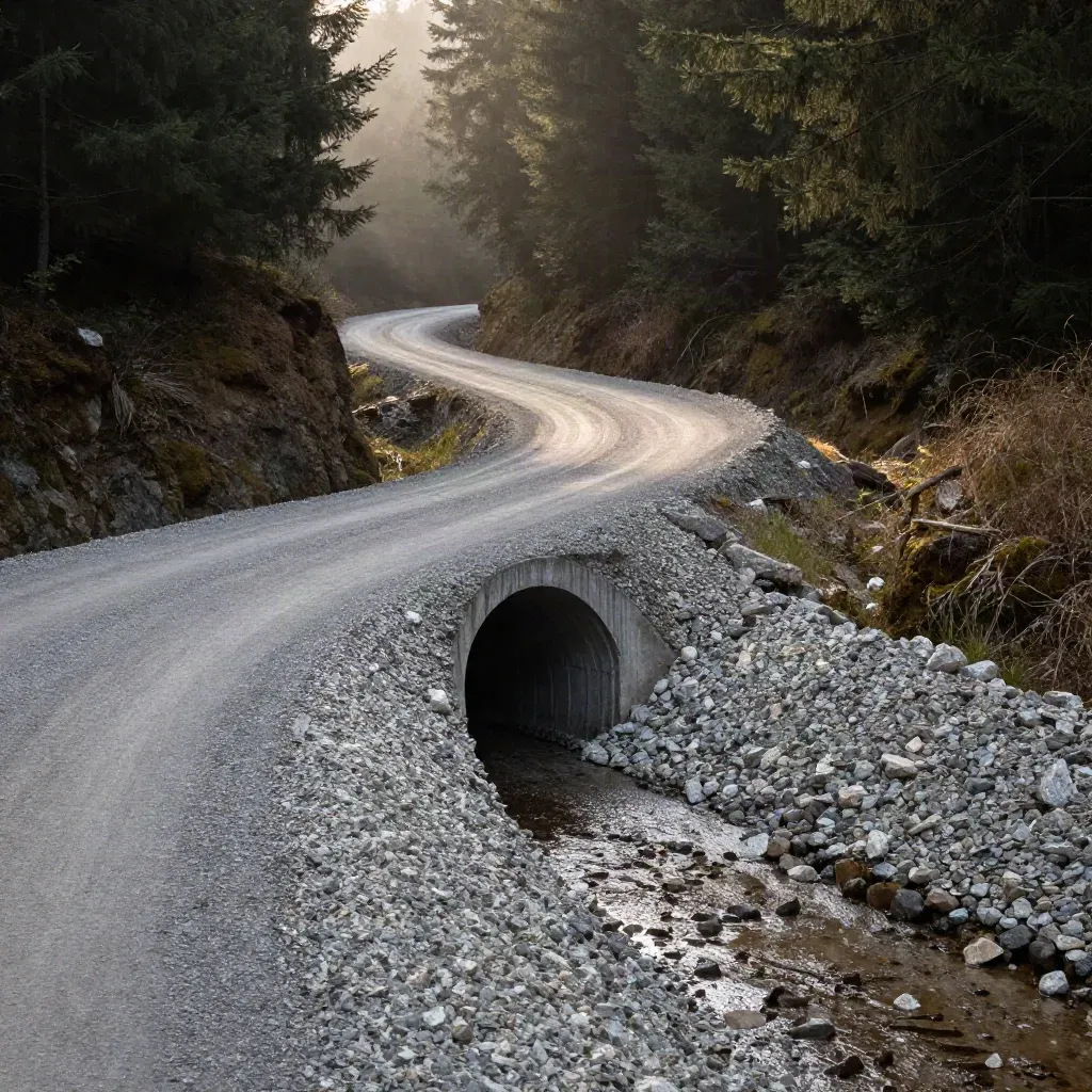 Foggy forest road bend with culvert, gravel berms, and steep spruce walls from an elevated shoulder view.