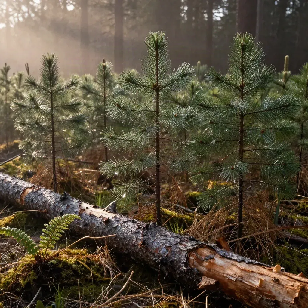 Deewy spruce and cedar saplings over mossy nurse logs in a recent cut block