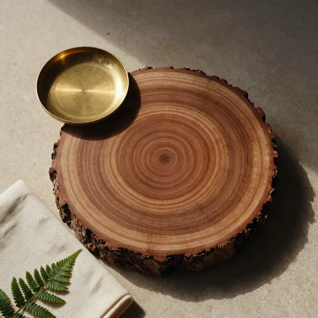 Overhead cedar log disk, brass dish, cream cloth and fern on warm stone