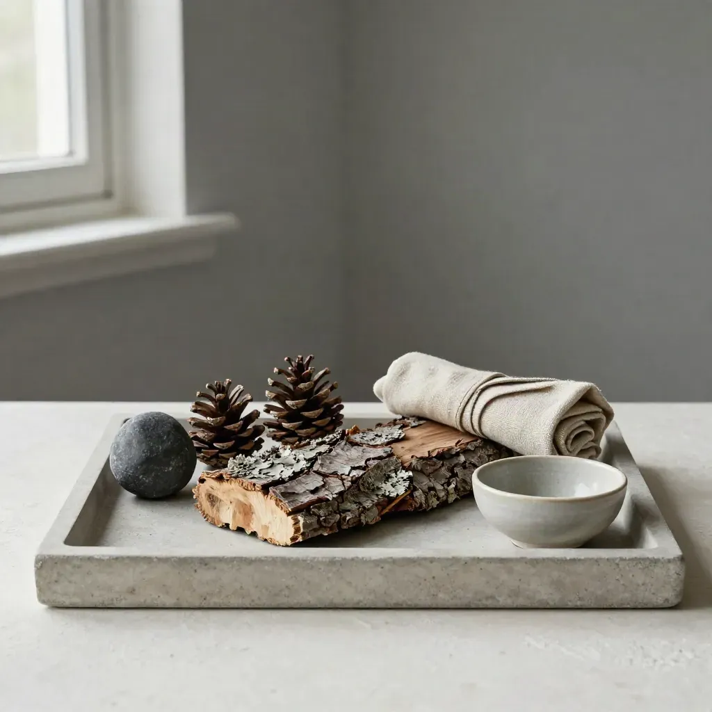 Coastal bark slab, pine cones, sea-worn stone, linen wrap and ceramic bowl on a stone tray.