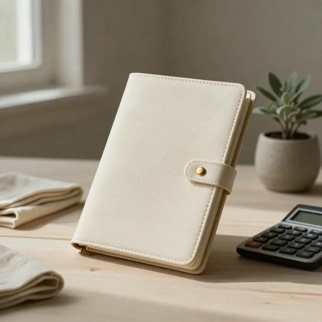 Closed cream ledger booklet with calculator, brass clip, and potted plant on pale wood.