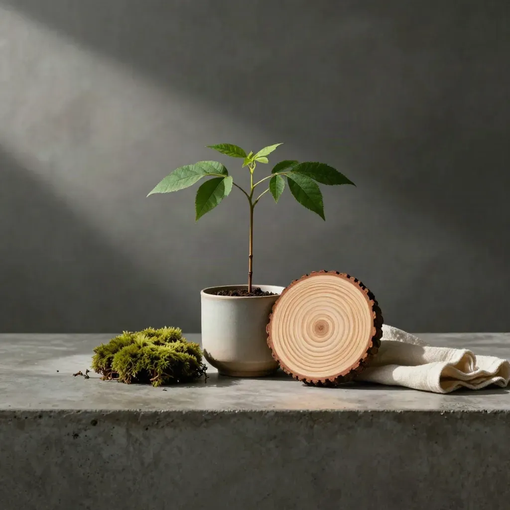 Sapling in ceramic cup beside a cut ring disk, moss, and folded cloth on pale concrete.