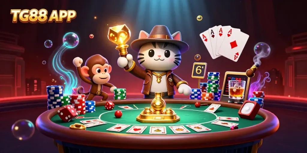 Engage with the TG88 APP as a cat archaeologist uncovers a golden artifact amidst vibrant casino elements.