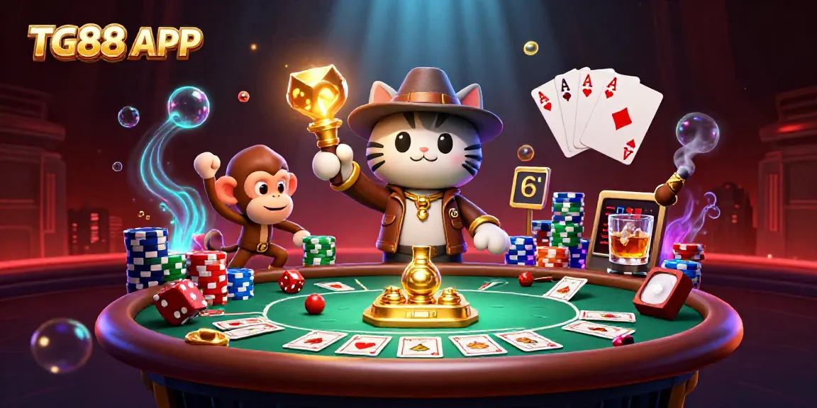 Engage with the TG88 APP as a cat archaeologist uncovers a golden artifact amidst vibrant casino elements.