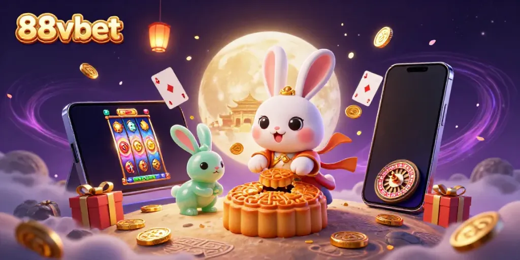 Engage with 88vbet's vibrant world of gaming featuring a playful moon rabbit and casino elements.