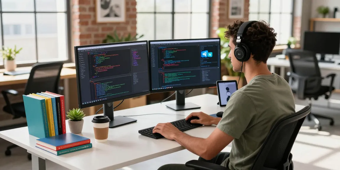 Developer coding in a modern workspace while highlighting Telegram Download features and tools.