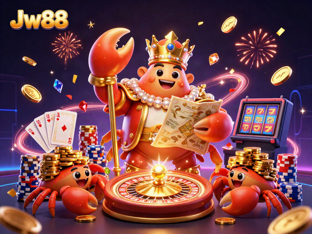 Experience Jw88's lively online casino scene with a golden crab emperor and dynamic gaming elements.